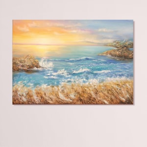 Abstract seascape original oil painting, sunset abstract landscape impasto textured mountain metallic beach hand-painted 28 x 20 inch canvas