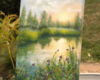 サンセットレイク油絵：写実的な野花咲く草原の風景 16x12インチ