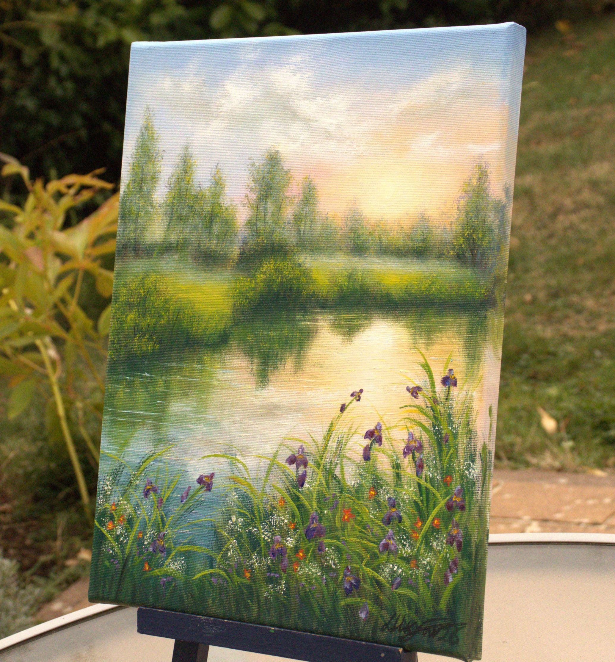 サンセットレイク油絵：写実的な野花咲く草原の風景 16x12インチ