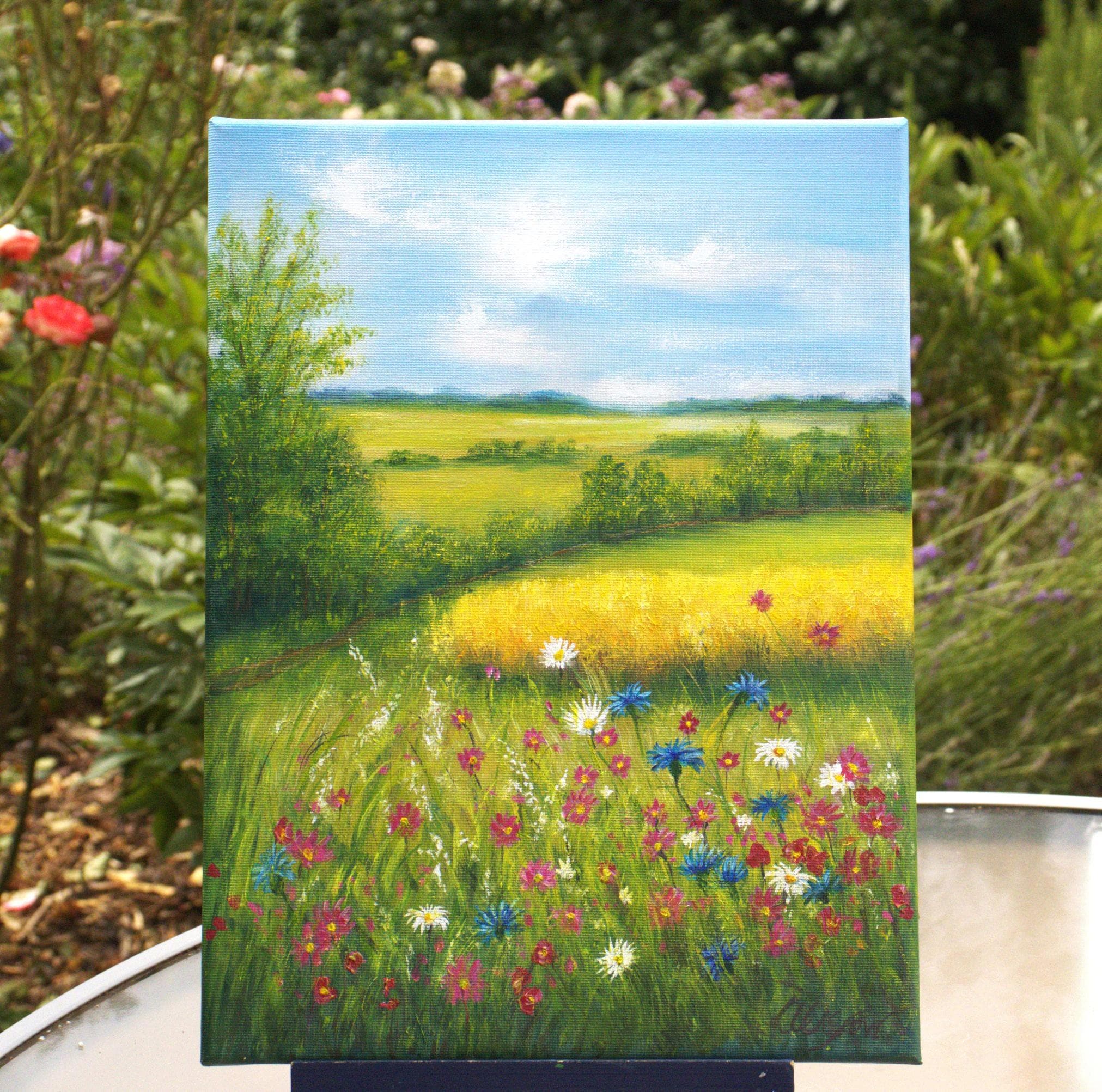 夏の野花の草原の風景 オリジナル油絵 田園風景 16x12 キャンバス