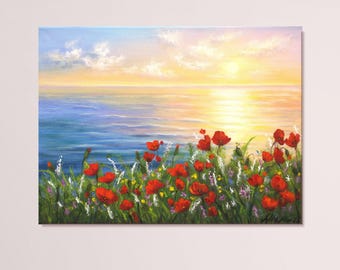 Sunset seascape original oil painting, poppy flowers on wildflower meadow, nature landscape painting 12 x 16 canvas-custom oil painting
