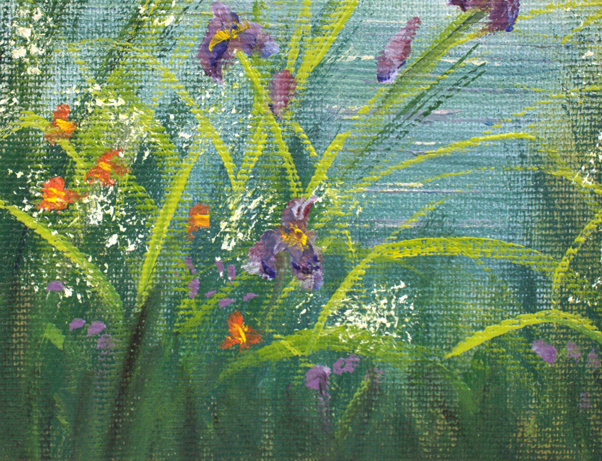 サンセットレイク油絵：写実的な野花咲く草原の風景 16x12インチ