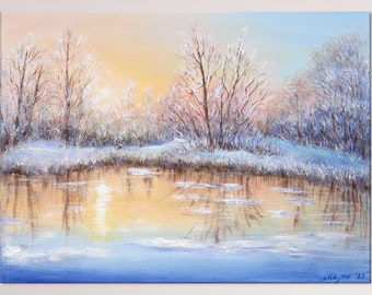 Paysage d'hiver peinture peinture à l'huile originale, hiver peinture forêt enneigée rivière coucher de soleil nature, scène d'hiver sur toile