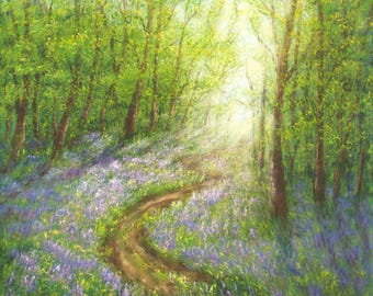 Bluebell wood oil painting original, spring landscape forest with bluebells meadow woodland painting on canvas 16 x 16 inch