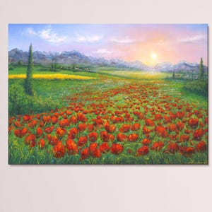 Poppy field original oil painting, red poppies mountain landscape sunrise on red flower meadow large canvas 28 x 20 inch