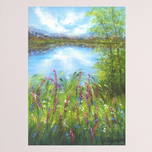 Landscape original oil painting, lake with wildflower meadow realistic nature artwork vertical small painting canvas