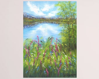 Peinture à l'huile originale de paysage, lac avec prairie de fleurs sauvages oeuvre de nature réaliste petite toile verticale