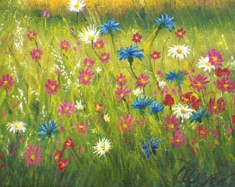 夏の野花の草原の風景 オリジナル油絵 田園風景 16x12 キャンバス