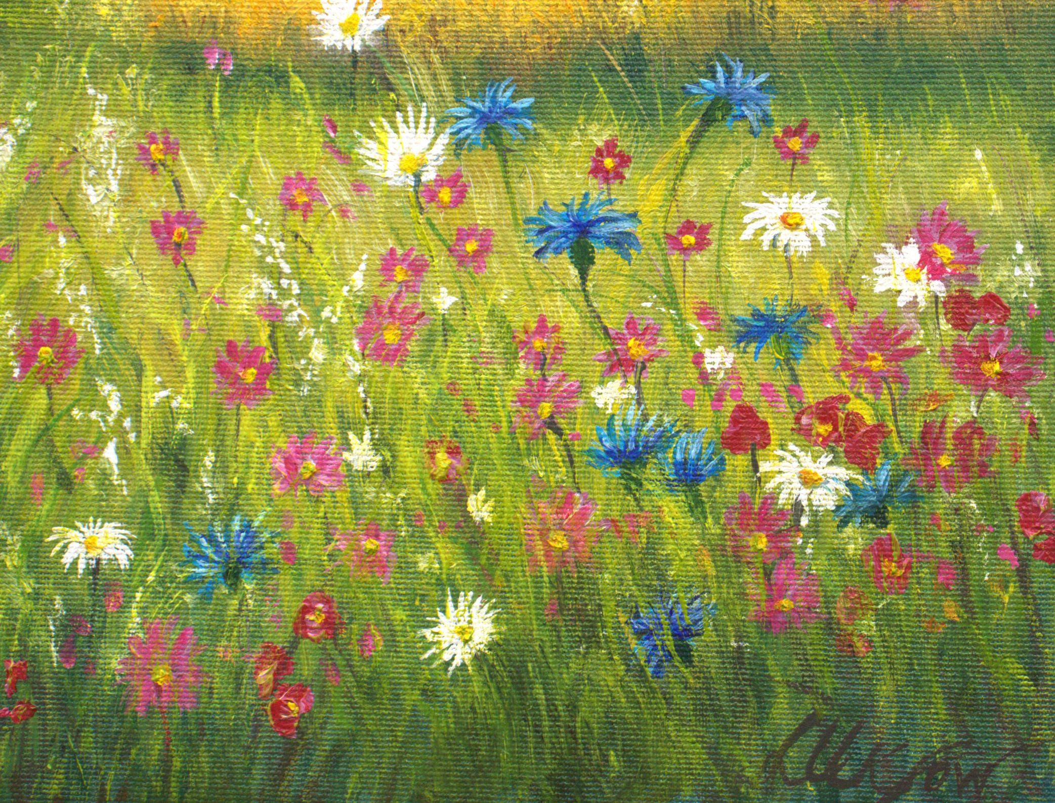 夏の野花の草原の風景 オリジナル油絵 田園風景 16x12 キャンバス