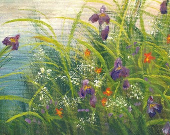 サンセットレイク油絵：写実的な野花咲く草原の風景 16x12インチ
