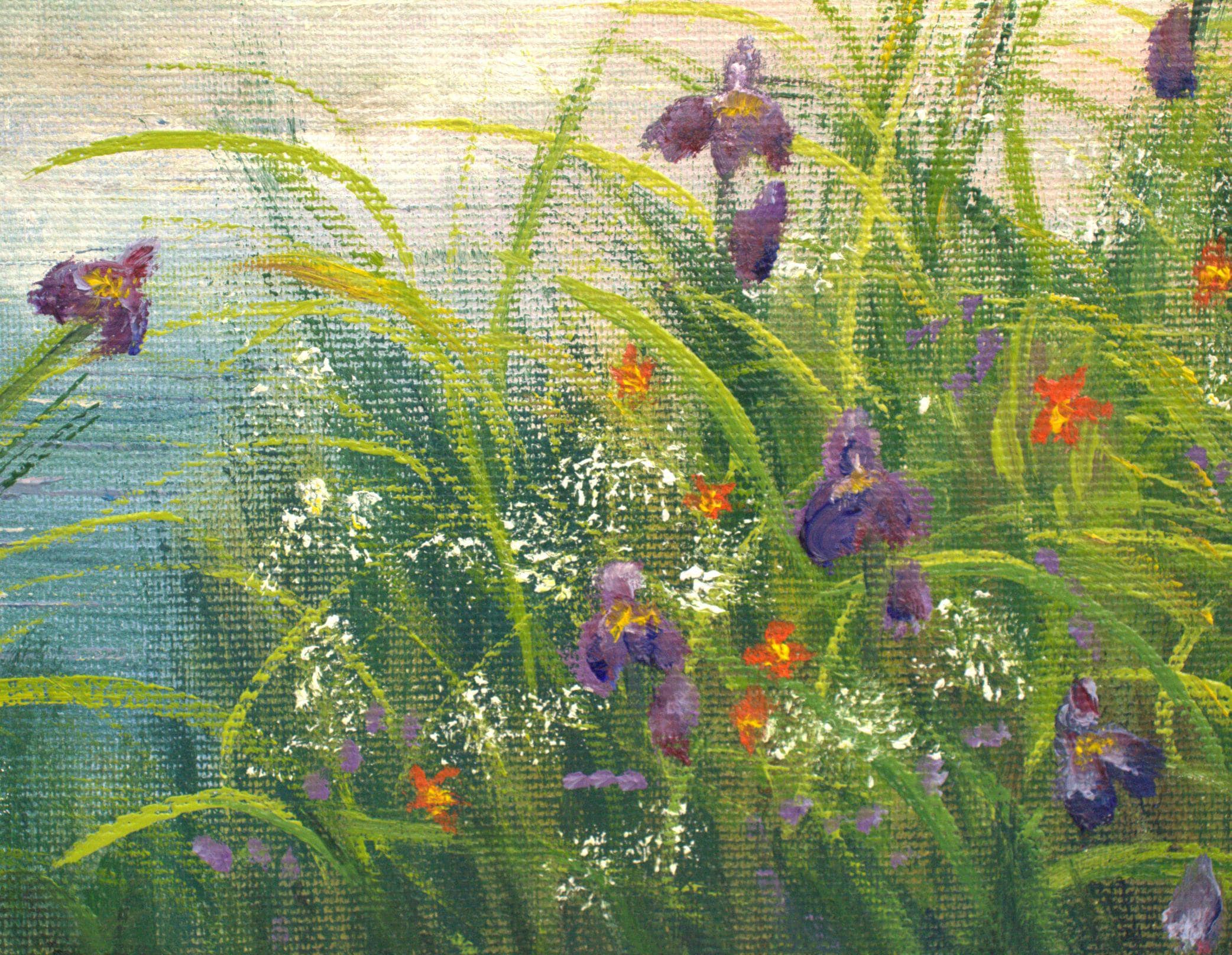 サンセットレイク油絵：写実的な野花咲く草原の風景 16x12インチ