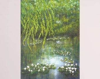 Water lily original oil painting, landscape art with weeping willow tree, green nature painting water lilies impressionist art