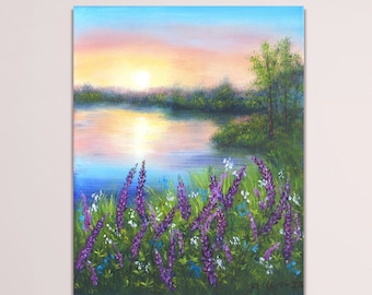 Landscape painting original art lake sunset with wildflower meadow, summer landscape art  sunset painting on canvas - MADE TO ORDER