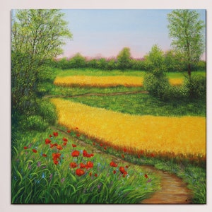 Summer landscape original oil painting, wildflower meadow poppy flowers and yellow wheat field countryside painting 20 by 20 inch canvas