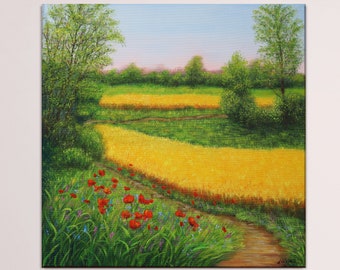 Landscape painting original oil painting, wildflower meadow realistic landscape art nature artwork countryside painting on canvas