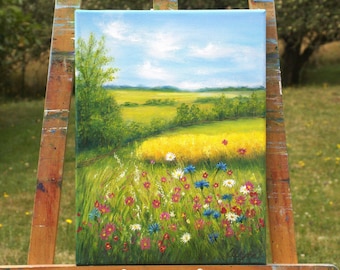夏の野花の草原の風景 オリジナル油絵 田園風景 16x12 キャンバス