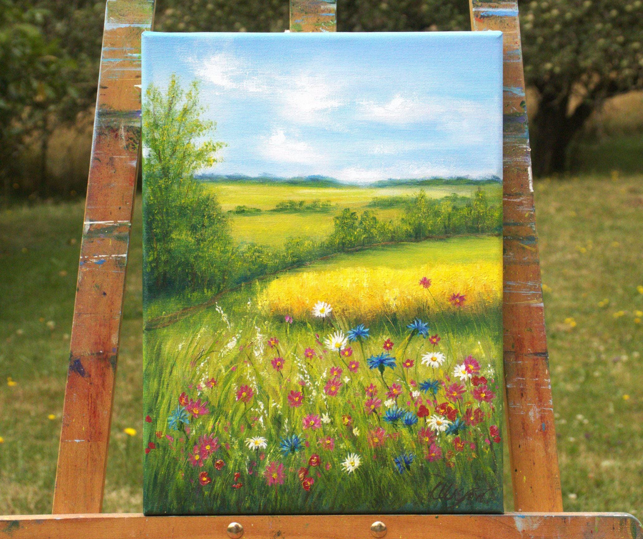 夏の野花の草原の風景 オリジナル油絵 田園風景 16x12 キャンバス