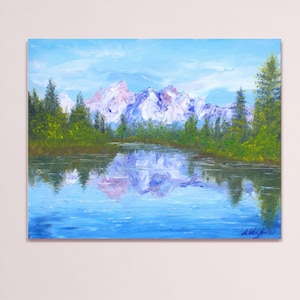 Grand Teton Gemälde Nationalpark Wyoming, Bergsee Yellowstone felsige Berge Original Ölgemälde 20 x 25 cm