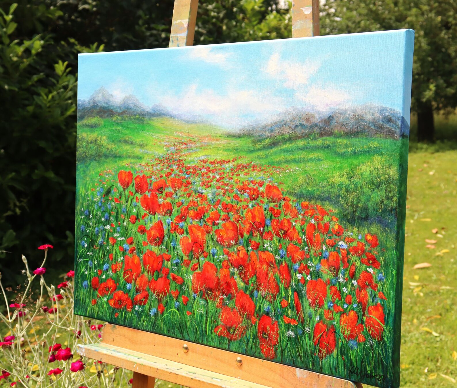 Poppy Field Oil Painting, Red Green Landscape Flower Meadow Canvas Art ...