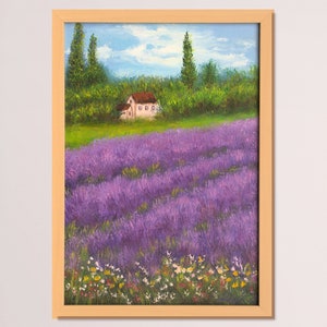Pintura de lavanda pintura al óleo original, paisaje provenzal de campo de lavanda, naturaleza pequeña obra de arte enmarcada pintura de 8 por 12 pulgadas