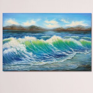 Seascape original oil painting ocean waves blue sea nautical large painting 30 by 20 inch stretched canvas