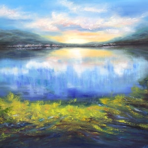 Abstract landscape seascape original oil painting, mountain sunset nature painting on canvas- custom oil painting