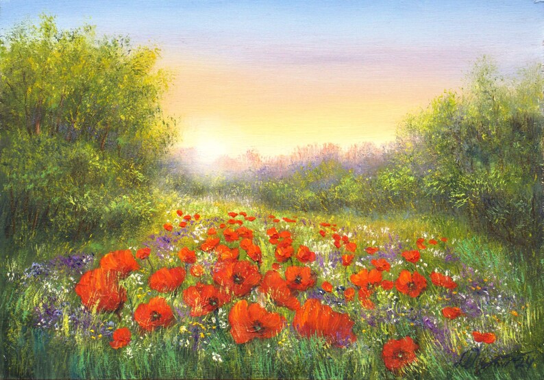 Peinture à l'huile originale de champ de pavot, paysage naturel de peinture de coucher du soleil, peinture encadrée de fleur rouge peinture à l'huile florale sur le panneau de bois image 2