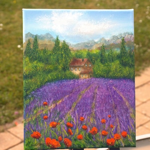 Lavender field original oil painting, purple flower meadow Provence landscape housewarming gift, nature small  custom oil painting 10 x 8