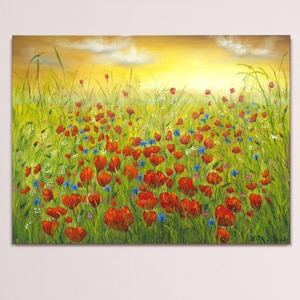 Poppy field painting original, wildflower meadow wall art with red poppies and blue cornflowers, floral oil painting large 24 x 32 canvas