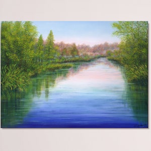 River landscape original oil painting, nature scenery green forest blue river water landscape 20 x 28 inch large oil painting canvas