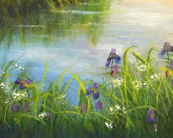 夕焼けの湖の油絵：写実的な野花の草原の風景画（16x12インチ
