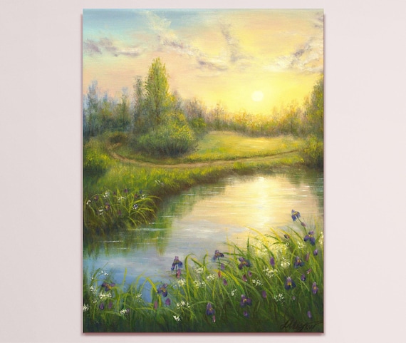 夕焼けの湖の油絵：写実的な野花の草原の風景画（16x12インチ