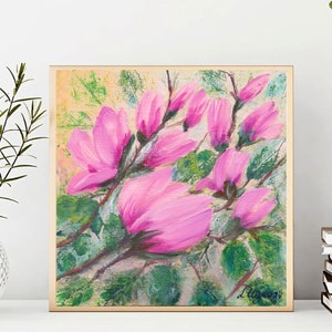 Pintura al óleo de flores de magnolia, arte botánico de flores de primavera, pintura al óleo pequeña de 6 por 6 pulgadas, regalo de cumpleaños