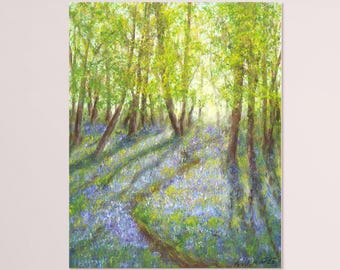 Spring landscape original oil painting, forest Virginia bluebell wall art spring wood tree  wildflower meadow small 8 x 10 custom painting