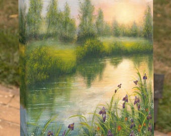 サンセットレイク油絵：写実的な野花咲く草原の風景 16x12インチ