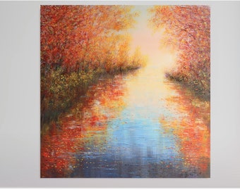 Peinture d'automne paysage d'automne avec rivière peinture à l'huile originale paysage abstrait forêt peinture 20 par 20 pouces sur toile