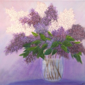 Lilac original oil painting, floral wall art still life painting, purple lilac flowers bouquet 16 by 20 inch on canvas