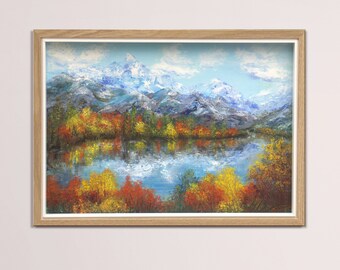 Autumn painting mountain lake original oil painting, autumn landscape framed painting, autumnal trees small painting on wood panel