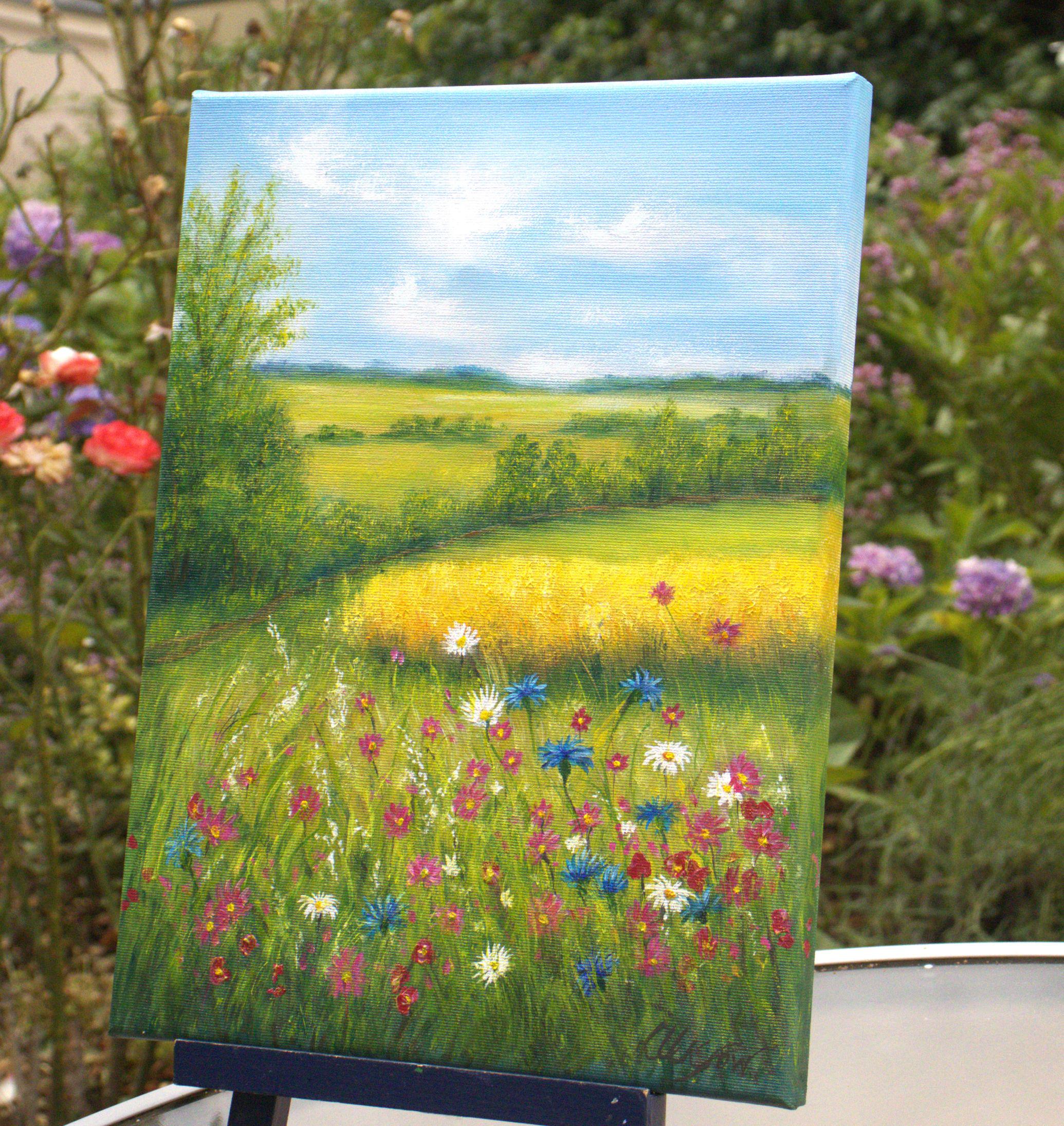 夏の野花の草原の風景 オリジナル油絵 田園風景 16x12 キャンバス