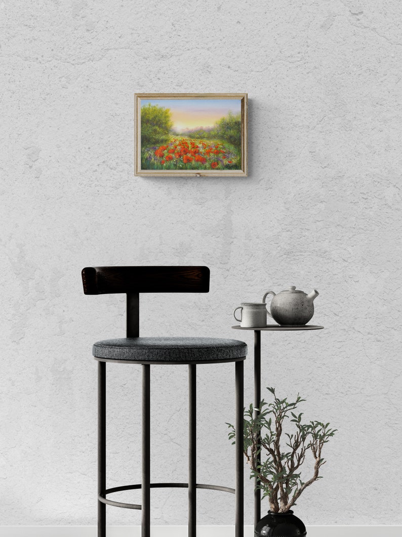 Peinture à l'huile originale de champ de pavot, paysage naturel de peinture de coucher du soleil, peinture encadrée de fleur rouge peinture à l'huile florale sur le panneau de bois image 6