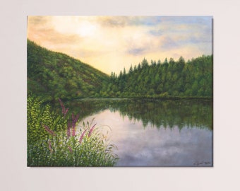 Peinture au coucher du soleil, paysage d'été, peinture à l'huile originale, coucher de soleil au bord du lac avec prairie de fleurs sauvages, peinture réaliste à partir d'une photo sur toile