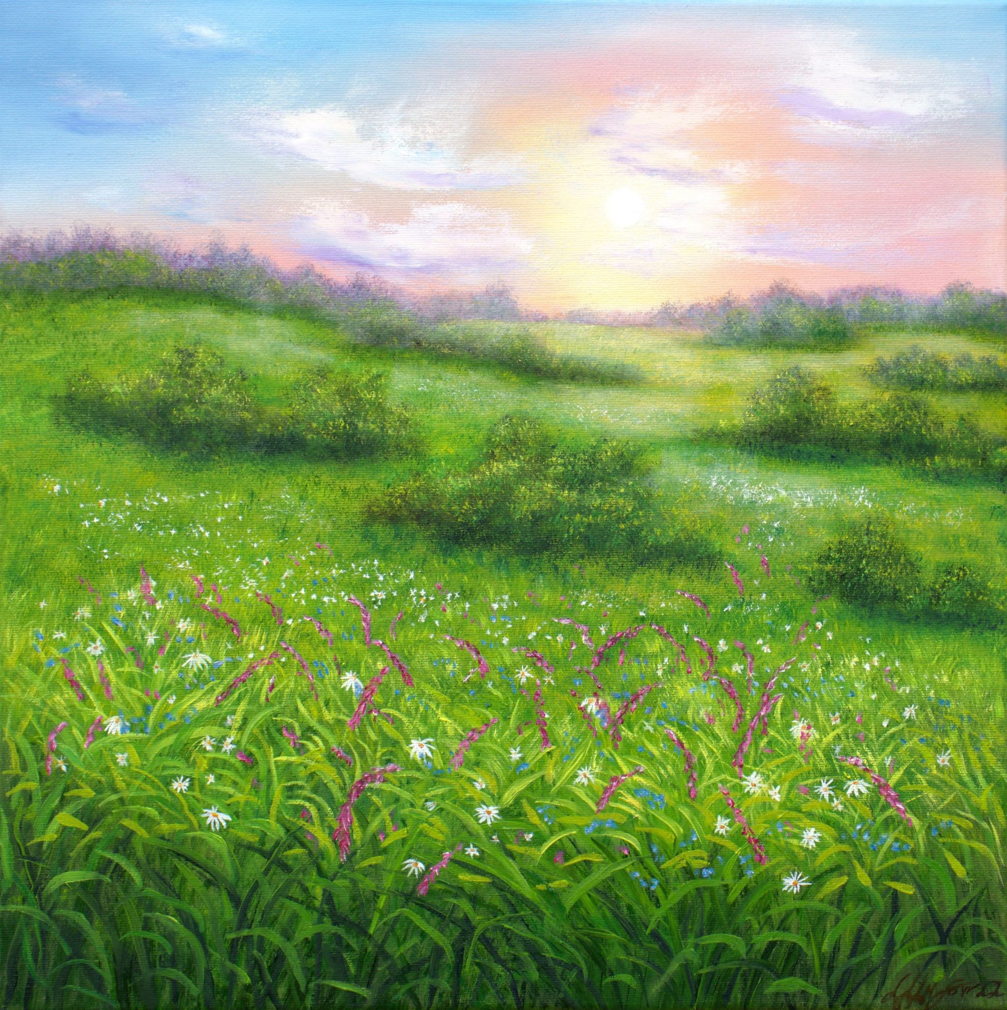 Sunrise Wildflower Meadow Oil Painting: 20x20 Green Landscape