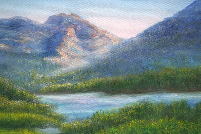 Berggemälde Alaska Landschaft Nationalpark Kunstwerk, Bergsee und Wildblumenwiese Original Ölgemälde 12 x 16 auf Leinwand Bild 4