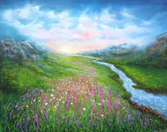 Landscape painting original oil painting, sunrise on the mountains with river and wildflower meadow, green landscape large canvas art