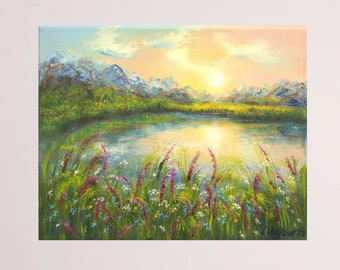 Peinture à l’huile originale de paysage, coucher de soleil sur les montagnes avec prairie de fleurs sauvages et montagnes lac nature petite peinture à l’huile sur toile