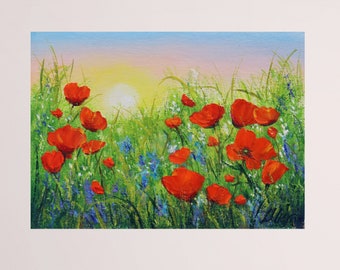 Wildflower meadow hand painted landscape painting red flower field small oil painting 7" to 5" on cardboard