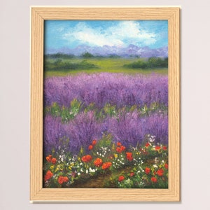 Lavender landscape oil painting purple lavender flowers field and wildflowers framed small hand painted