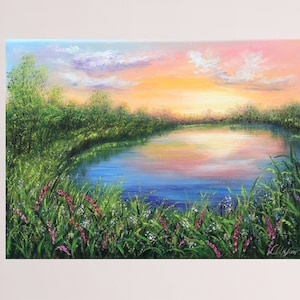 Landscape original oil painting, sunset at the lake and wildflower meadow, summer landscape art nature painting 16 by 12 inch canvas
