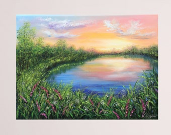 Sunset painting original oil painting, summer landscape painting, lake and wildflower meadow, nature painting on canvas