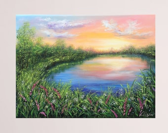 Landscape original oil painting, sunset at the lake and wildflower meadow, summer landscape art nature painting 16 by 12 inch canvas